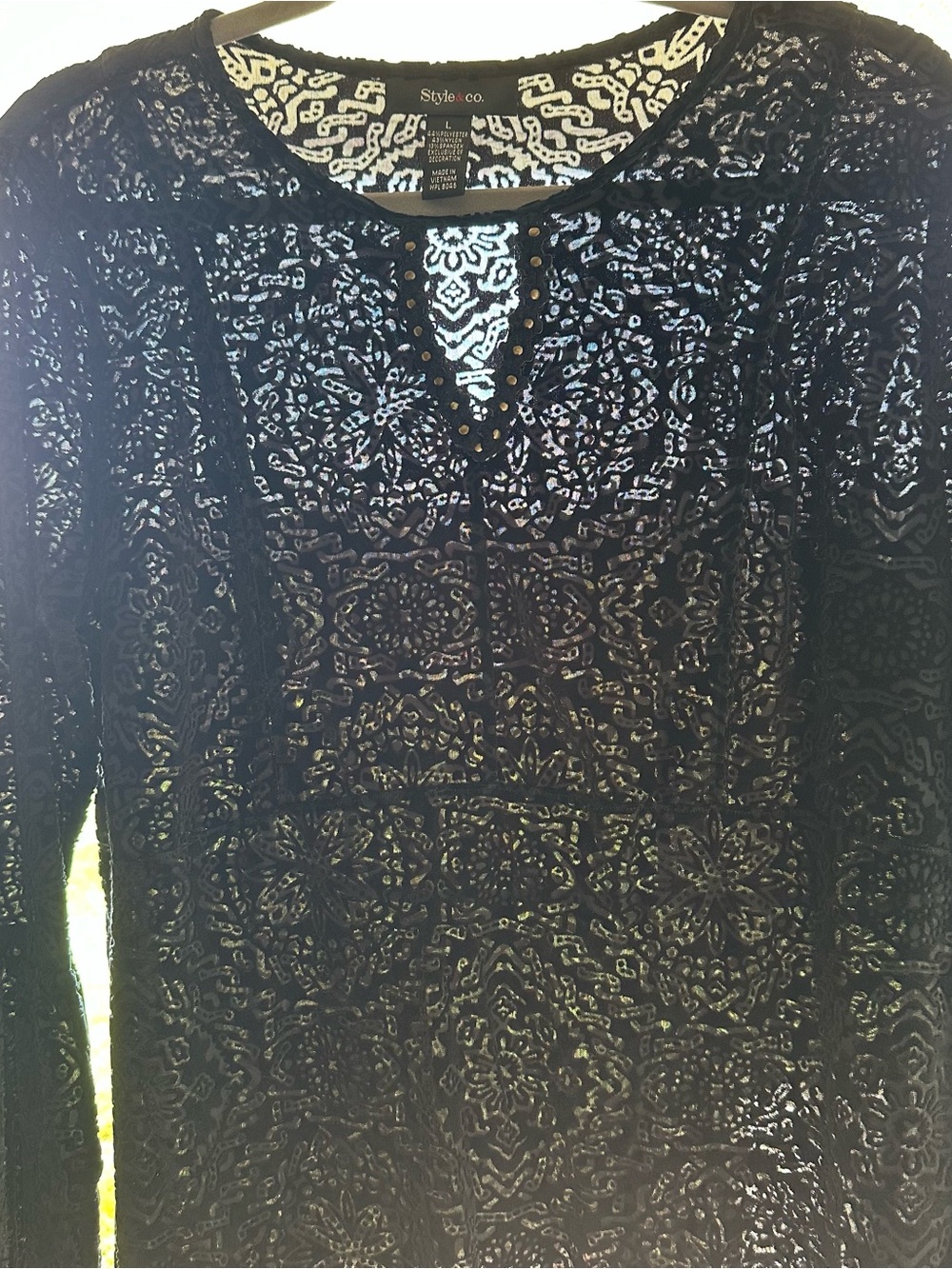 Velvet Burnout Black Princess Bell Sleeve Renaissance Boho Witchy Goth Tunic L